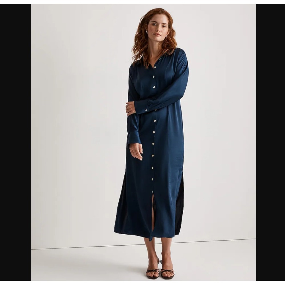 Madewell NEW Womens 2 Satin Button Front Midi Shirt Dress‎ Long Sleeve Navy Blue